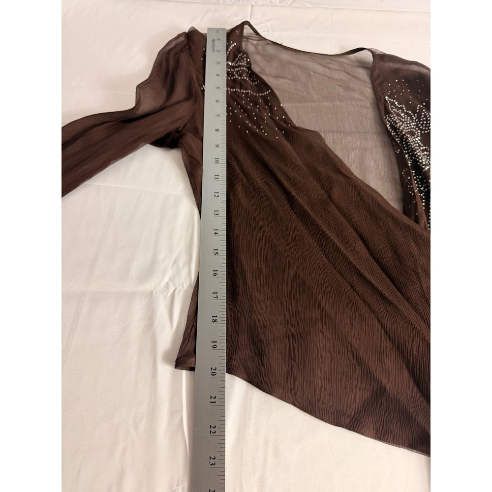 Silk Wrap Top M Brown Rhinestone Sheer Tie Front Long Bell Sleeve 5162 RN110572 - Picture 5 of 8